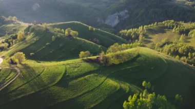 Baharda yeşil tepeli dağ manzarası. Romanya 'nın Apuseni Dağları' ndaki Dumesti köyünün hava manzarası