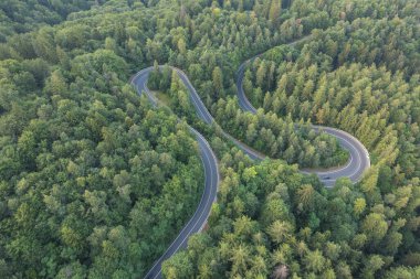 Yeşil ormanı kesen dolambaçlı dağ yolunun havadan görünüşü