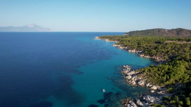 Flygdrönare Video Ikoniska Turkos Och Safir Paradise Stranden Sithonia Grekland — Stockvideo