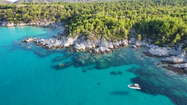 Luchtfoto Van Iconisch Turquoise Saffier Paradise Strand Sithonia Griekenland Met — Stockvideo