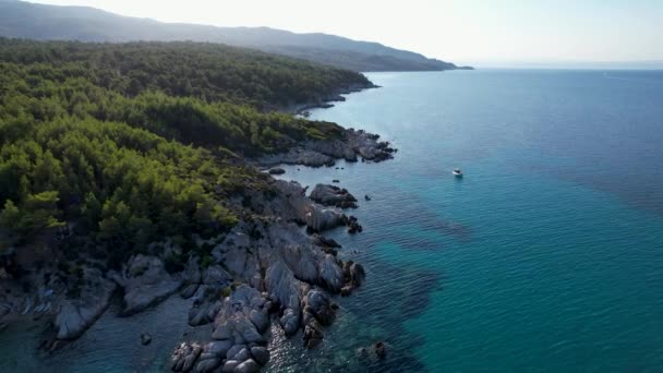 Vídeo Drones Aéreos Icónica Playa Turquesa Zafiro Paradise Sithonia Grecia — Vídeos de Stock