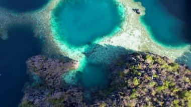 4K İHA videosu Twin Lagoon üzerinde güzel uçurumlar, Coron, Palawan Filipinleri ile uçuyor.