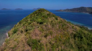 Filipinler, Palawan 'da beyaz kumlu ve kristal berrak suyu olan Cagdanao adasının 4K Hava Aracı videosu