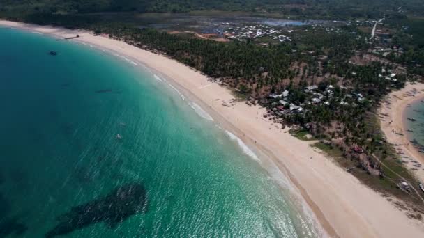 Aerial Drone Videó Twin Beach Nacpan Beach Gyönyörű Homokos Pálmafák — Stock videók