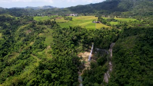Aerial Drone Video Epic Tall Водопады Падающие Скалы Каньоне Окруженном — стоковое видео