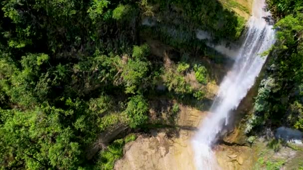 정글에 둘러싸인 협곡의 바위에 떨어지는 서사시 폭포의 비디오 필리핀 보홀에있는 — 비디오
