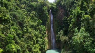 Güzel Mantayupan Şelalesinin güneşli bir günde asma köprüyle çevrili 4K Hava Aracı videosu, Cebu, Filipinler