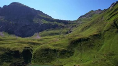 4K Hava Aracı Schrecksee Dağı 'nın en güzel dağ gölünün videosu Bavyera Alpleri' nde güneşli bir günde yemyeşil çimlerle beslenen ineklerle mavi gökyüzü ve etrafındaki kayalık tepelerle çevrili.