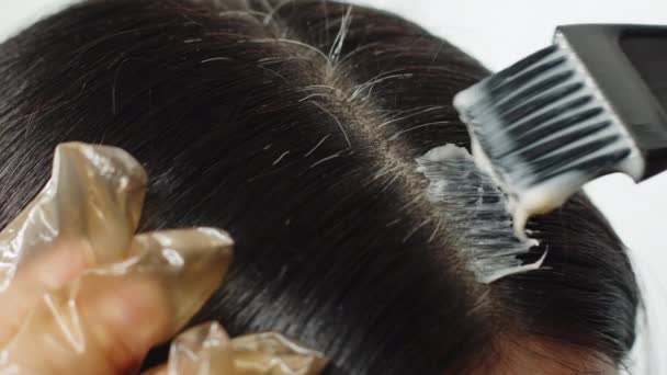 Nahaufnahmen Die Frau Färbt Ihre Grauen Haare Mit Einem Pinsel — Stockvideo