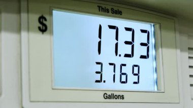 4K görüntüler mavi ekran ve benzin fiyatları ABD doları. Yakıt tanka girerken ekranda galon başına düşen fiyat artışı. Benzin pompası, benzin istasyonunda. Satılık..