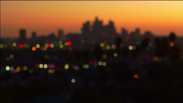 Видео Вид Центр Лос Анджелеса Потрясающий Закат Над Небоскребами Мерцающими — стоковое видео