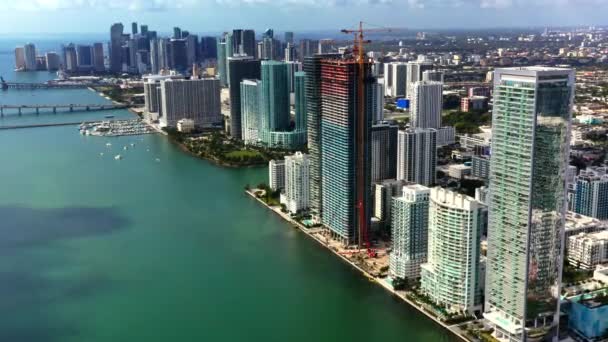 Aerial Footage First Line Biscayne Bay Residential Skyscrapers One Construction — Αρχείο Βίντεο