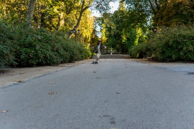 Genç kaykaycı kadın parkta sörf tahtası ile numara yapıyor. Hobi ve spor konsepti.