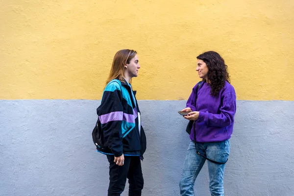 Young Friends Talking Standing Outdoors Street Friendship Concept — Stok fotoğraf