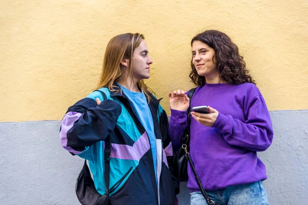 Young Friends Talking Standing Outdoors Street Friendship Concept — Stok fotoğraf