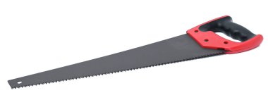 Yeni el testeresi, beyaz izole edilmiş arka planda kırmızı lastik saplı.