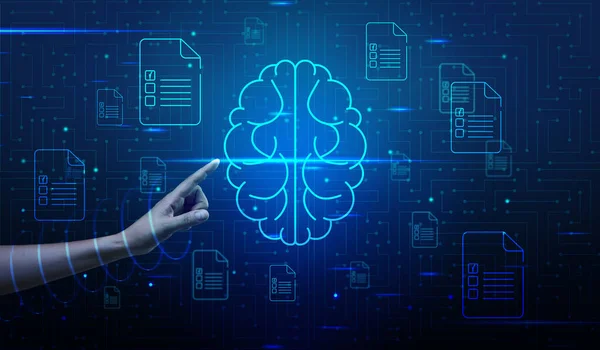 A woman\'s hand points to the brain icon, artificial intelligence training based on the available information. Processing of arrays of information