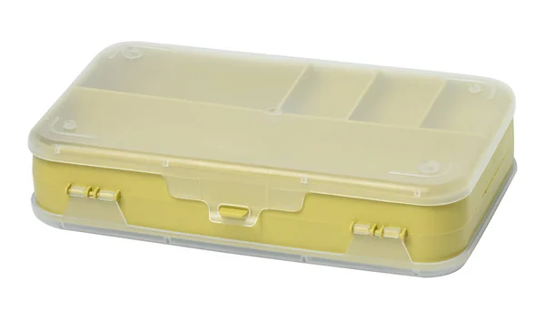 白色底座上用于螺栓 螺钉和其他小件物品的空塑料盒 — 图库照片