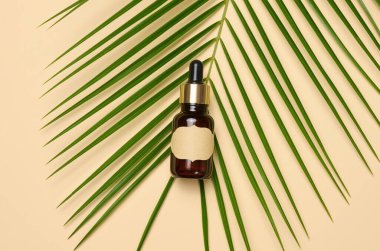 Kahverengi pipetli cam şişe kahverengi arka planda duruyor. Kozmetik, serum ve yağ konteynırı