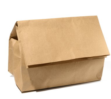 Full brown paper bag on a white background, takeaway food packaging