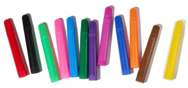 Stack of multicolored felt-tip pens isolated on white background, top view