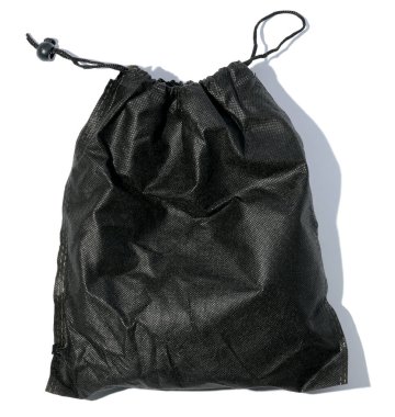 Black textile bag with a rope on a white isolated background, top view