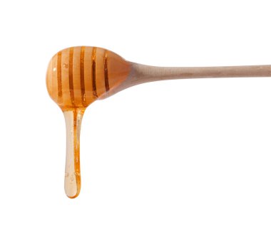 Flowing drops of yellow honey from a wooden stick on a white isolated background