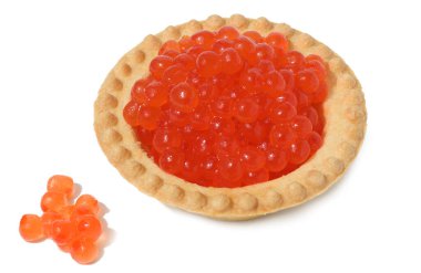 Red caviar in a round tartlet on a white isolated background, delicious snack