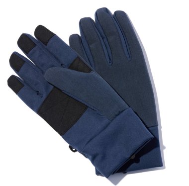 A pair of blue men's winter textile gloves on a white isolated background