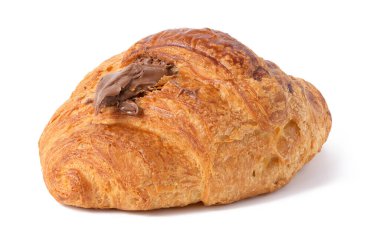 A baked chocolate croissant on a white isolated background, a delicious dessert and breakfast