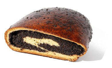 A half of a baked poppy seed roll on a white isolated background