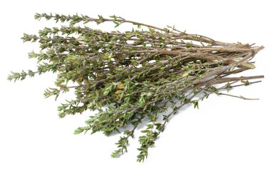 Sprigs of thyme on a white isolated background, top view