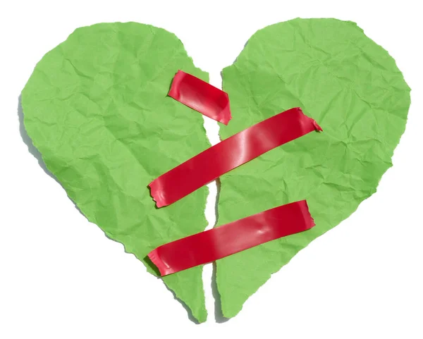 Torn Heart Made Green Crumpled Paper Fastened Red Electrical Tape — Stock Photo, Image