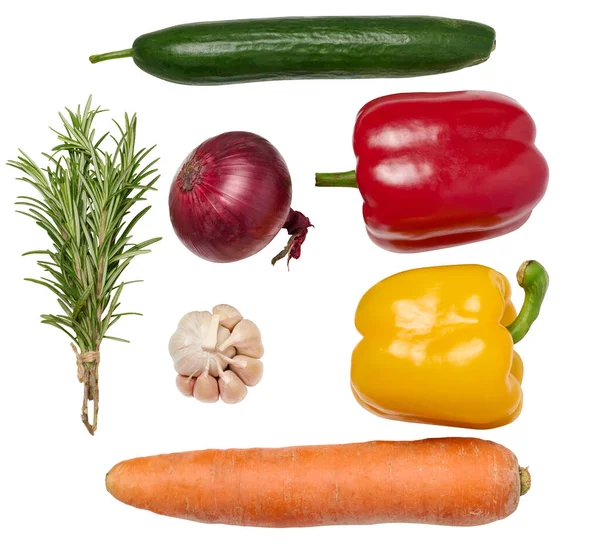 Verduras Frescas Cebolla Zanahoria Pimientos Amarillos Rojos Manojo Romero Sobre — Foto de Stock