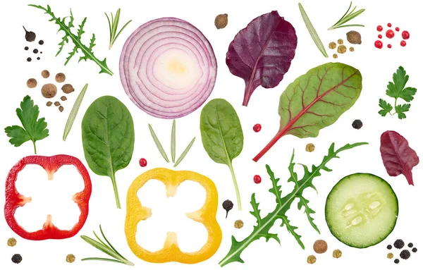 Különböző Zöldségek Fűszerek Fehér Elszigetelt Háttérrel Hozzávalók Saláta Készítéséhez — Stock Fotó