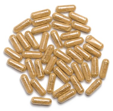 Beyaz arka planda şeffaf tıbbi kapsüller, tedavi için tabletler, vitaminler