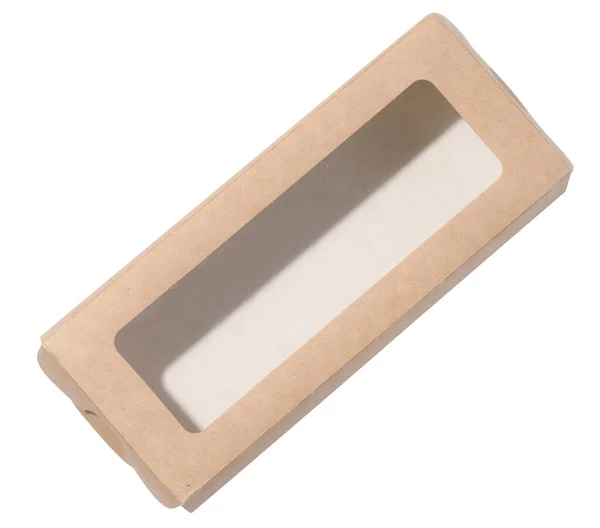 Caja Cartón Rectangular Marrón Vacía Con Tapa Transparente Sobre Fondo — Foto de Stock