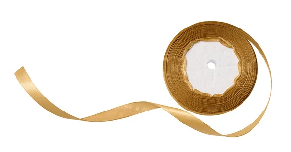 Carretel Com Uma Fita Seda Dourada Fundo Isolado Branco Objeto — Fotografia de Stock