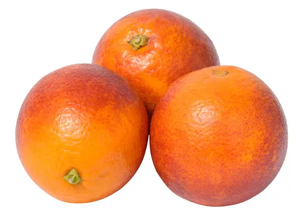 Drie Rijpe Rode Sinaasappels Een Witte Geïsoleerde Achtergrond — Stockfoto