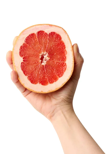 Woman Hand Holds Half Grapefruit White Background Ripe Fruit — Stock Photo, Image