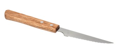 Tahta saplı masa bıçağı beyaz izole bir arka planda.