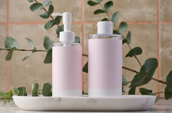 Two Bottles Cosmetics Pink Paper Label White Background Bottle Tonic — Stockfoto