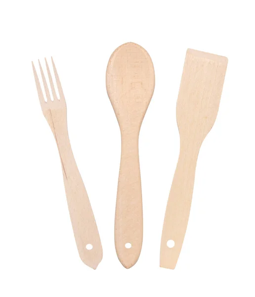 独立的白色背景上的木制勺子 叉子和铲子 — 图库照片