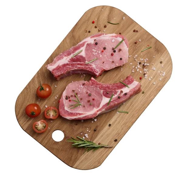 Raw Pork Tenderloin Bone Spices Wooden Cutting Board White Isolated — Stock Photo, Image