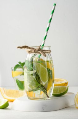 Limon, limon, biberiye filizi ve nane yapraklı şeffaf bardakta limonata.