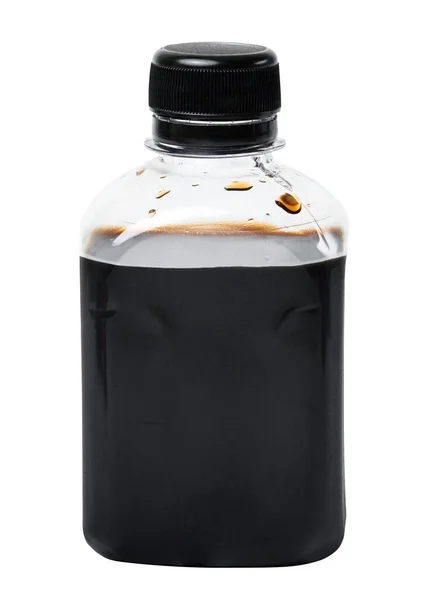 Sojasauce Einer Transparenten Plastikflasche Auf Weißem Hintergrund — Stockfoto