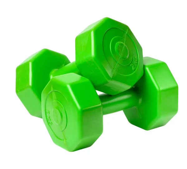 Zelená Plastová Činka Bílém Izolovaném Pozadí Sportovní Vybavení — Stock fotografie