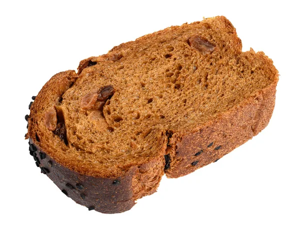 Snijd Roggebrood Met Rozijnen Een Witte Geïsoleerde Achtergrond — Stockfoto