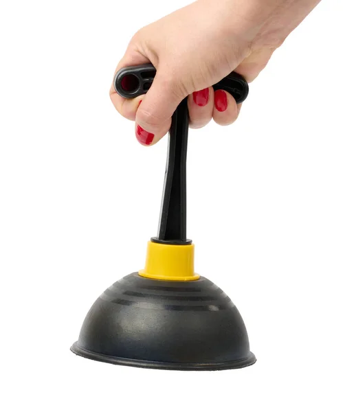 Schwarzer Gummikolben Weiblicher Hand Auf Weißem Hintergrund — Stockfoto