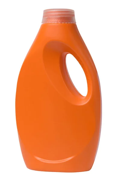 Orange Plastic Bottle Liquid Detergents Washing Clothes White Background — Stock Photo, Image